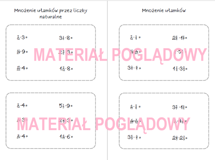 Szybkie karteczki - dodawanie, odejmowanie, mnożenie, dzielenie ułamków, działania na ułamkach (karta pracy, kartkówka kl 4, 5, 6, 7, 8)