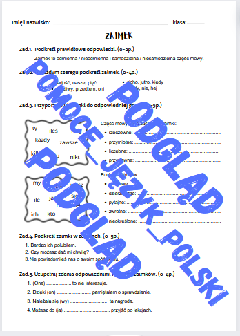 Zaimek / części mowy / sprawdzian / kartkówka / karta pracy / KLUCZ ODPOWIEDZI