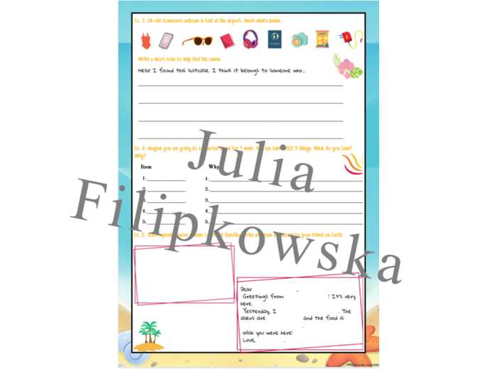 Summer Holidays / Wakacyjny zestaw zadań/ karta pracy / Gotowa lekcja / Lato / Wakacje / Zadania/ Mówienie/ Słownictwo/ Klasy 4-6 Materiał cyfrowy