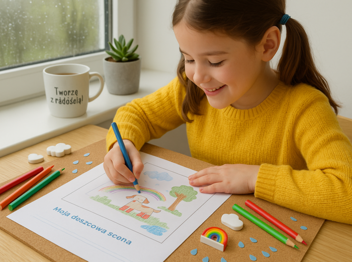 Karta pracy: "Deszczowy dzień – rysunek i opowiadanie"