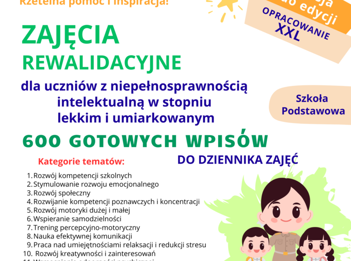 600 wpisów do dziennika ZAJĘCIA REWALIDACYJNE dla uczniów z niepełnosprawnością intelektualną, inspiracja