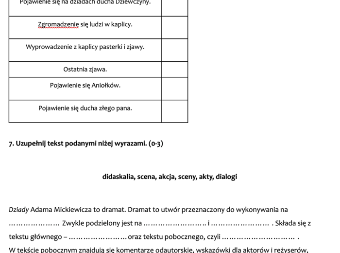 "Dziady" cz. II - sprawdzian wiedzy i umiejętności (po omówieniu lektury)