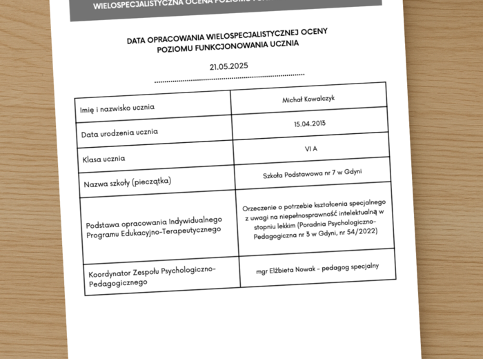 WOPFU – przykład dla ucznia z niepełnosprawnością intelektualną w stopniu lekkim (klasa 6)