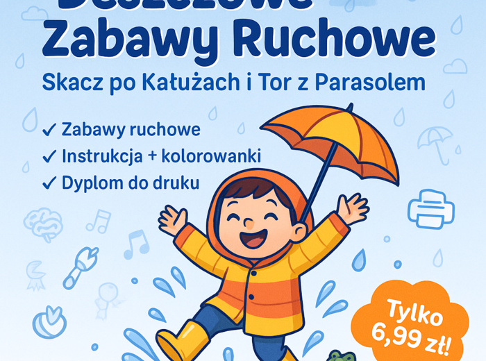 Zabawy ruchowe w sali: „Skacz po kałużach” (z niebieskich kartek), tor przeszkód z parasolem