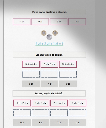 Obliczenia pieniężne - dodawanie w zakresie do 10. Karta pracy. Sprawdzian