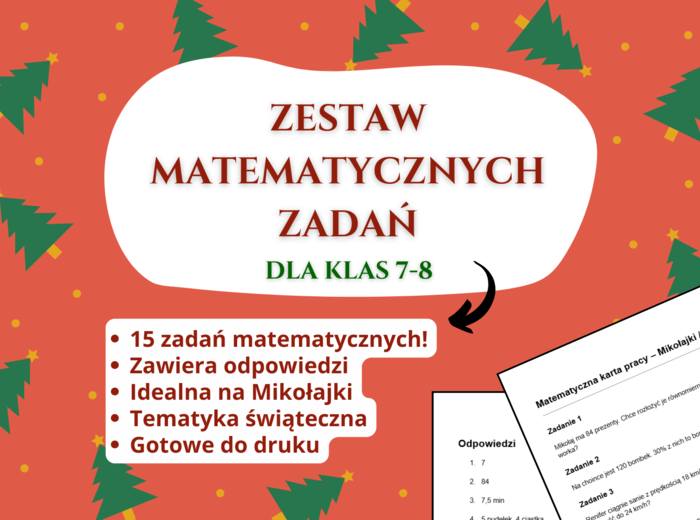 Matematyczna karta pracy „Mikołajkowe zadania tekstowe” – klasy 7–8, matematyka, grudniowe lekcje 🎅❄️