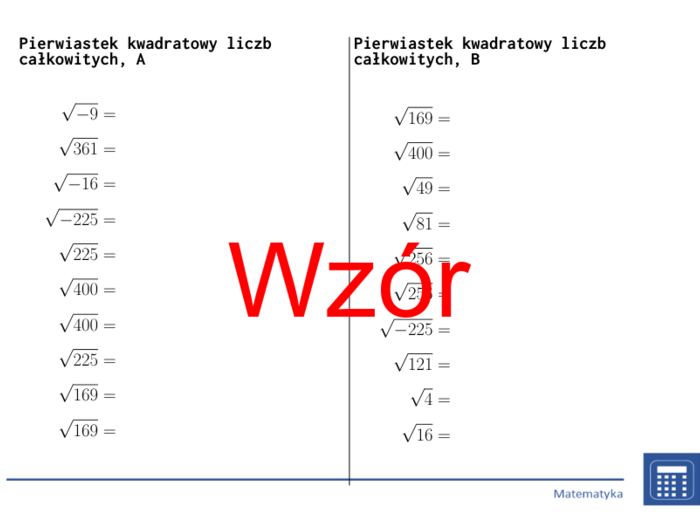 Pierwiastek kwadratowy liczb całkowitych | matematyka | 26 kolumn