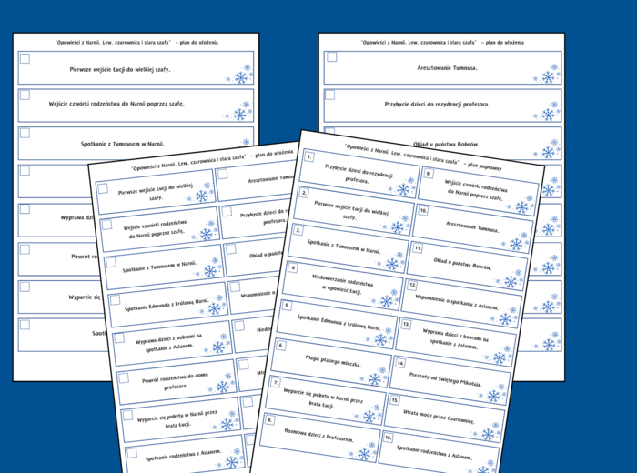 "OPOWIEŚCI Z NARNII. LEW, CZAROWNICA I STARA SZAFA" – plan wydarzeń – fiszki – 3 wersje – egzamin