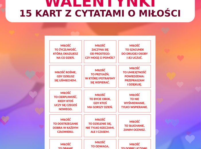 Cytaty o miłości – dekoracja klasy na WALENTYNKI (15 kart) | PDF + DOCX + miniatury (pakiet)