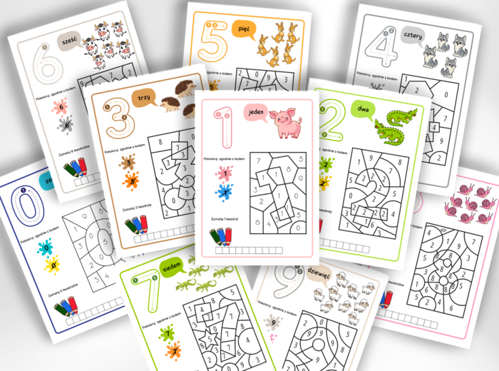 CYFRY 0-9 - karty pracy, kolorowanka, kodowanka, kodowanie, liczenie, zerówka, klasa 1