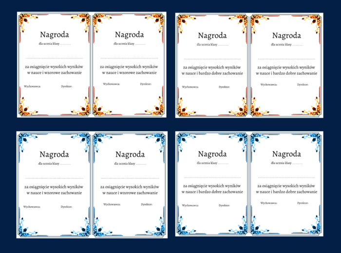 NAGRODA - wkładka do książki - dyplom - dyplomy - 8 wersji - zakończenie roku szkolnego
