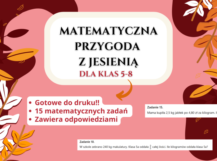 🍂 Matematyczna jesień 🧮 – karta pracy z odpowiedziami | matematyka, klasy 5–8, jesień, ułamki, działania, równania, pole figur, szkoła podstawowa