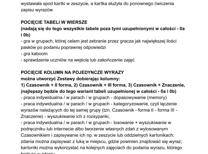 Steps Plus 6 - Czasowniki nieregularne - Tabele do uzupełnienia - Kartkówki
