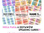 MEGA PAKA: 480 kart z pytaniami - 6 zestawów speaking cards - angielski - mówienie - różne czasy - Present Simple - Past Simple - Present Continuous - Past Continuous - Present Perfect + name 5 - matura ustna