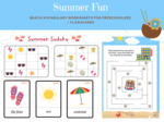 Summer Fun: Beach Vocabulary Worksheets for Preschoolers, Set- Letnia zabawa, zestaw kart pracy z plażowym słownictem, przedszkole, zerówka. Karty obrazkowe, labirynt, sudoku językowe , I spy, wakacje