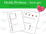 Health problems for young learners - zestaw kart pracy dla uczniów pierwszego etapu edukacyjnego, nazwy problemów zdrowotnych + zwroty z czasownikiem "have got", zdania twierdzące, udzielanie odpowiedzi na pytania "have you got ..., what's the matter