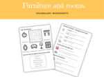 Furniture and rooms - nazwy umeblowania oraz pomieszczenia - karta pracy rozwijająca słownictwo, ćwicząca umiejętność czytania i pisania.