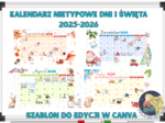 Kalendarz z wyjątkowymi dniami 2025/2026, przedszkole, świetlica, angielski w przedszkolu. Wersja angielska. Do wydruku, dodatkowo link do szablonu canva.