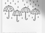 Karty pracy: kolorowanki z deszczem, parasolkami, dziećmi w kaloszach.