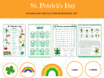 Saint Patrick Vocabulary Worksheet Set - Dzień Świętego Patryka - zestaw kart pracy ze słownictwem i tradycjami, dopasowanie, quiz, wykreślanka, czytanie ze zrozumieniem, dodatkowo karty do gry w memory