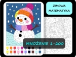 Kolorowanka matematyczna, mnożenie 1-200, tabliczka mnożenia, pokoloruj według wyników mnożenia, zimowa matematyka 4 Bałwanek