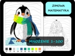 Kolorowanka matematyczna tabliczka mnożenia, pokoloruj według wyników mnożenia, zimowa matematyka 2 pingwin