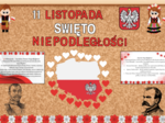 Gazetka na 11 listopada| Święto Niepodległości | Duży napis w formacie A4| 2 plansze informacyjne| duży plakat Józefa Piłsudskiego gratis!