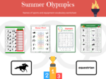 Summer Olympics Vocabulary Worksheet Set, names of sports and equipment - Igrzyska Olimpijskie, Słownictwo, Karty pracy, nazwy sportów i wyposażenia, dodatkowo mini karty obrazkowe i wyrazowe do gry w memory, angielski dla sportowców