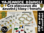 Gra planszowa Tajemnice Dżungli dla dowolnej klasy i tematu. Gra matematyczna lub z dowolnego przedmiotu. Dzień Gier Planszowych, planszówka, gra powtórzeniowa. + 2 wersje 20 zadań (ułamki i działania pisemne)