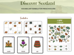 Discover Scotland - vocabulary bundle for preschoolers - Szkocja Kulturowe Karty Pracy dla uczniów przedszkola oraz zerówki przedszkolnej, Słownictwo dodatkowo karty obrazkowe