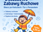 Zabawy ruchowe w sali: „Skacz po kałużach” (z niebieskich kartek), tor przeszkód z parasolem