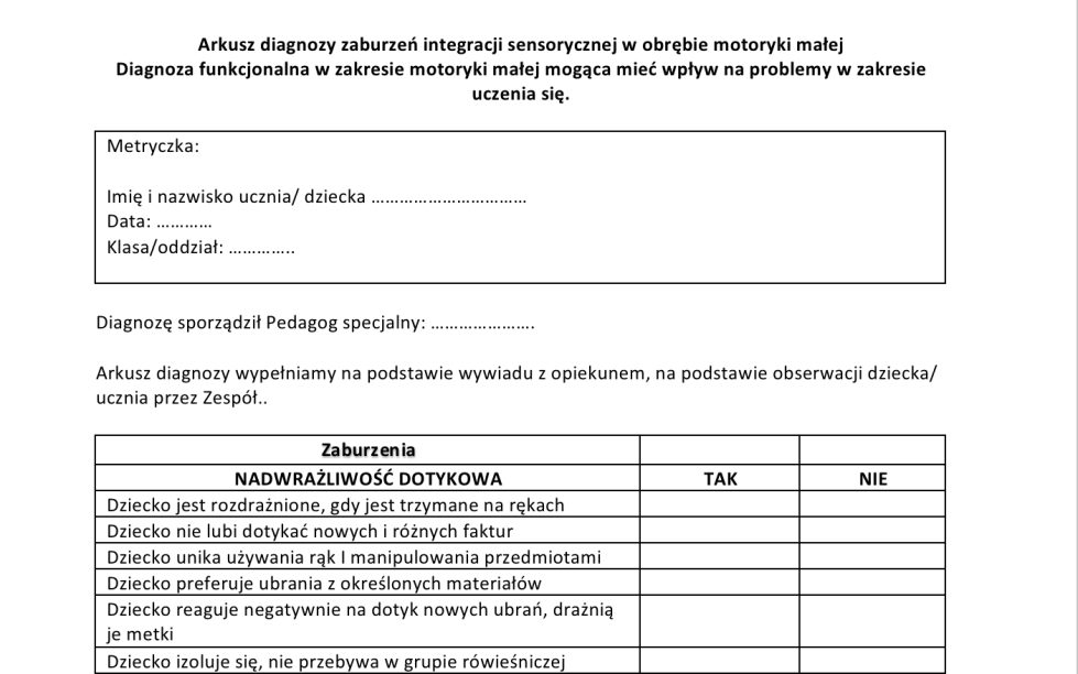 Diagnoza Funkcjonalna W Zakresie Motoryki Ma Ej Z Oty Nauczyciel