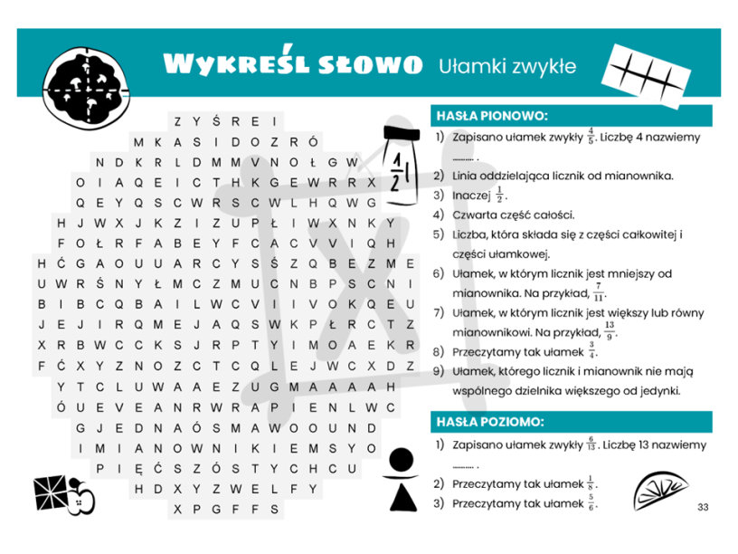 Matematyczna wykreślanka dla klasy czwartej Ułamki zwykłe Złoty