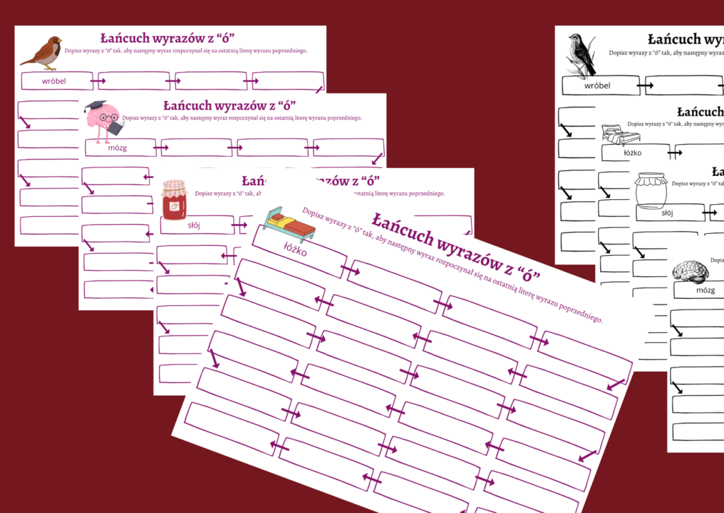 ŁAŃCUCH WYRAZOWY wyrazy z Ó karta pracy ortografia Złoty