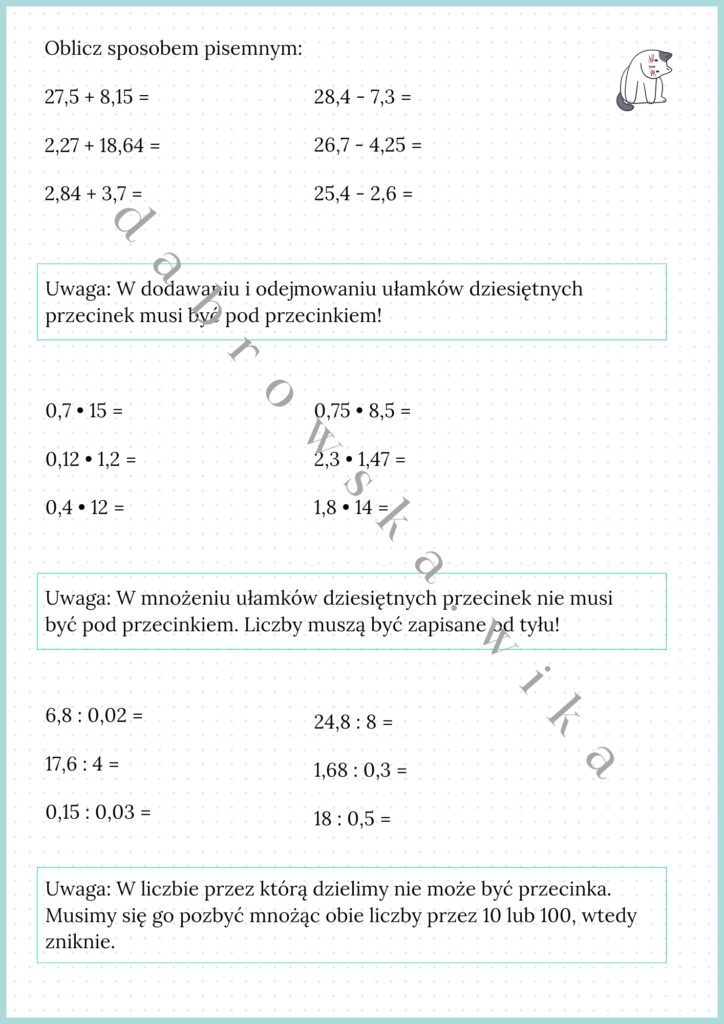 Działania pisemne ułamki dziesiętne Złoty nauczyciel