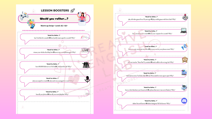 🚀ROZGRZEWKA JĘZYKOWA  LESSON BOOSTERS: TikTok Dramas, Gaming & Tech, Would You Rather (75 PASKÓW  DO MÓWIENIA)