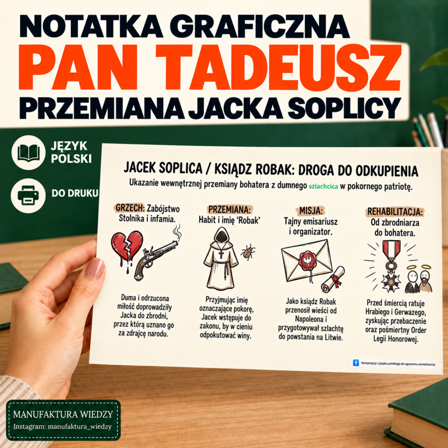 Przemiana Jacka Soplicy – darmowa notatka | Pan Tadeusz, język polski, powtórka, egzamin ósmoklasisty, klasa 7–8