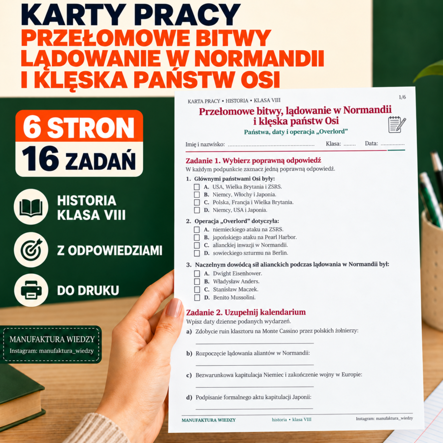 II wojna światowa – przełomowe bitwy, lądowanie w Normandii i klęska państw Osi | Historia, klasa 8 | Karty pracy z odpowiedziami