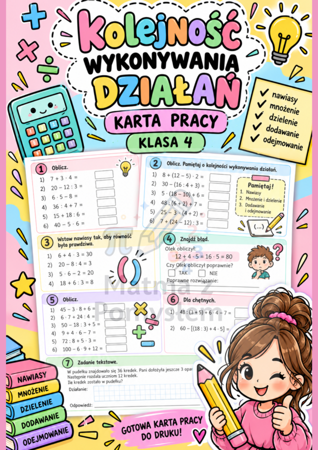 Kolejność wykonywania działań – karta pracy | klasa 4