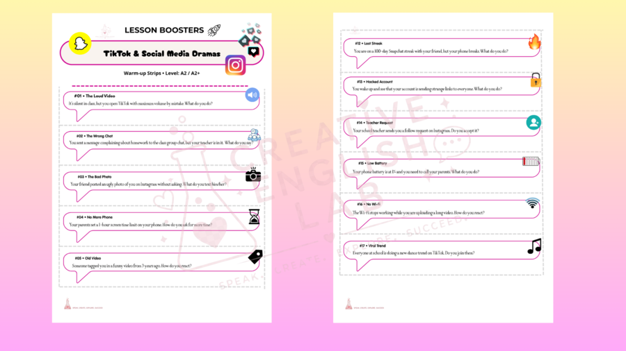 🚀ROZGRZEWKA JĘZYKOWA  LESSON BOOSTERS: TikTok Dramas, Gaming & Tech, Would You Rather (75 PASKÓW  DO MÓWIENIA)