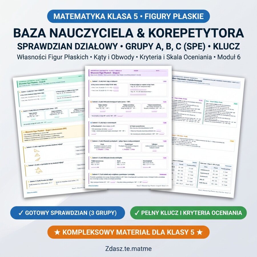 Własności Figur Płaskich Klasa 5 – Kompletny Sprawdzian Działowy: Grupa A, B i C (Dostosowana SPE) + Pełny Klucz i Skala Ocen