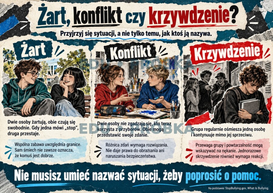PRZEMOC RÓWIEŚNICZA — NIE WSZYSTKO JEST ŻARTEM,  gazetka, 20 plansz edukacyjnych A4 w poziomie