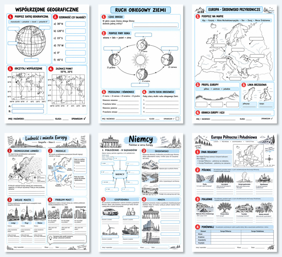Geografia – klasa 6 | 15 graficznych kart pracy + klucz odpowiedzi