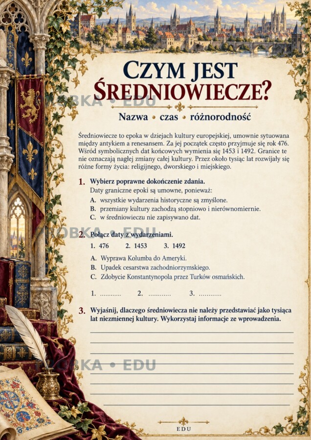 ŚREDNIOWIECZE — epoka literacka | LO | 22 karty dwustronne, 132 zadania, sprawdzian i klucze