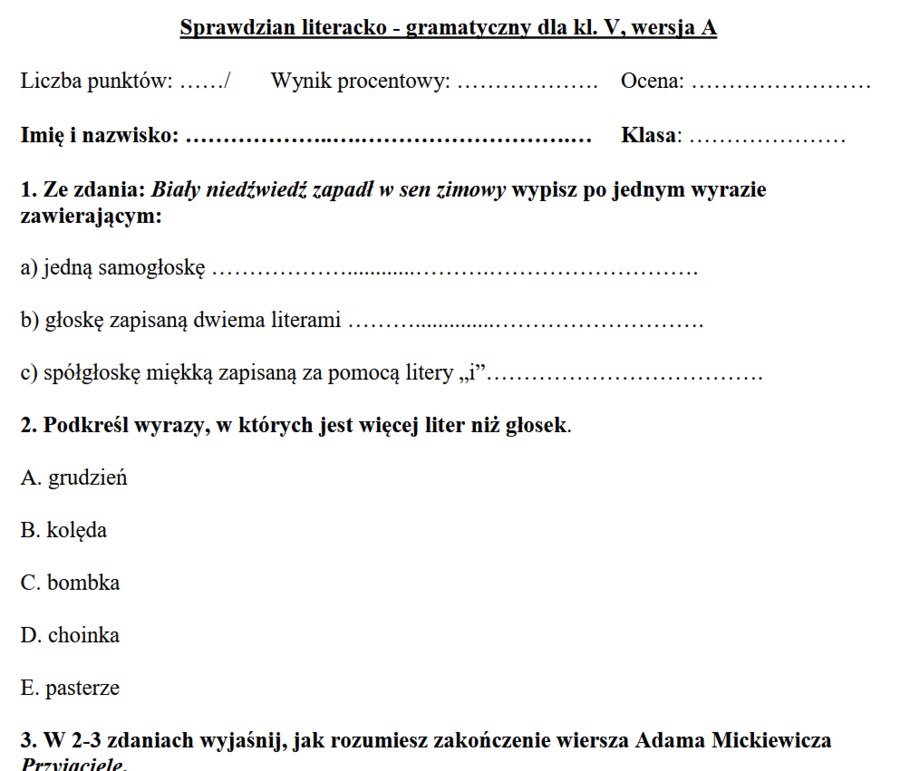 Sprawdzian literacko - gramatyczny dla kl. V