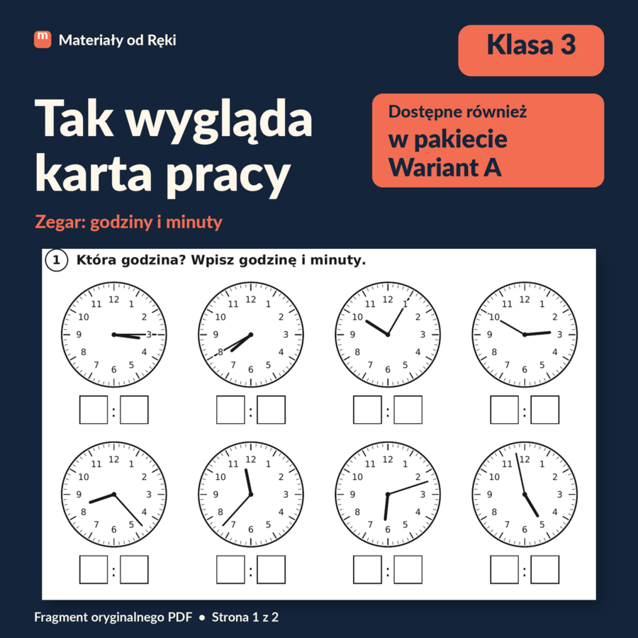Zegar: godziny i minuty - karta pracy z kluczem | Matematyka, klasa 3 | Wariant A