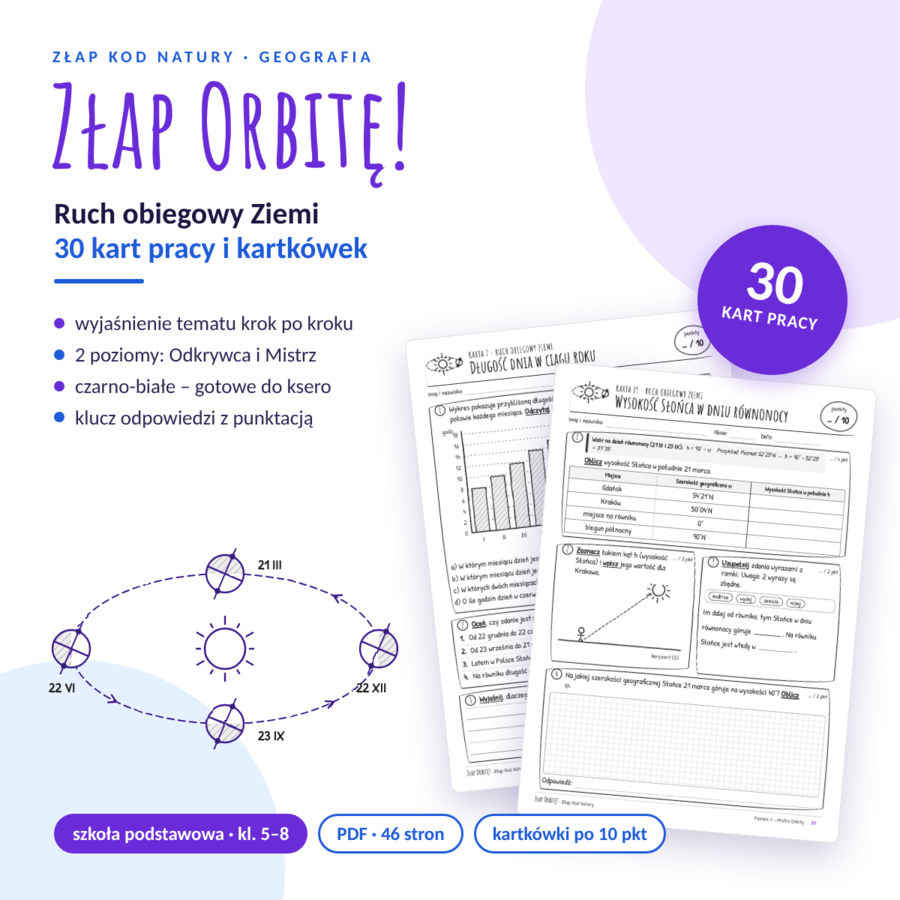 Złap Orbitę! Ruch obiegowy Ziemi – 30 kart pracy i kartkówek do druku (Klasy 5–8) | Złap Kod Natury