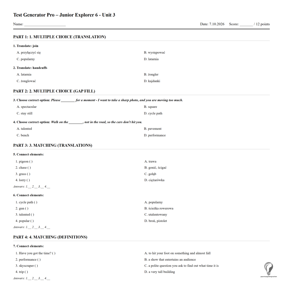Generator testów Junior Explorer 6, Unit 3