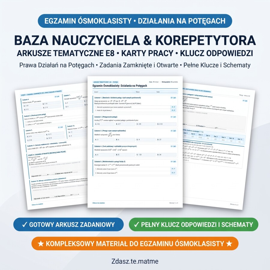 Egzamin Ósmoklasisty: Potęgi – Autorski Arkusz Tematyczny E8 (16 zadań + Karta Odpowiedzi + Pełny Klucz)