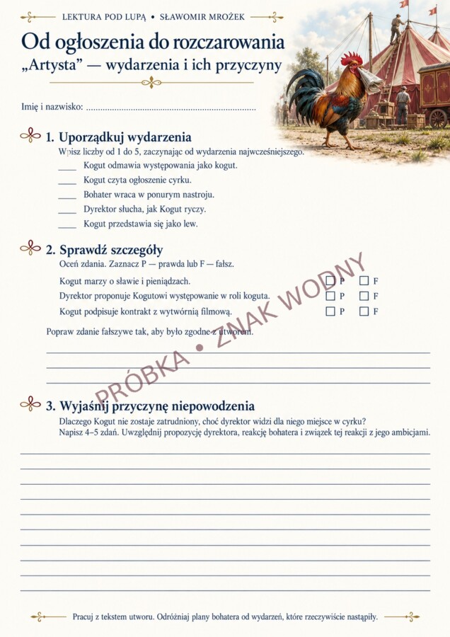 ARTYSTA — LEKTURA POD LUPĄ | Sławomir Mrożek | Karty pracy, test, wypracowanie i odpowiedzi dla klas VII–VIII
